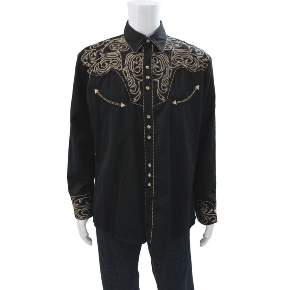 Scully Mens Button Down Long Sleeves Western Shirt Black Beige Size Medium